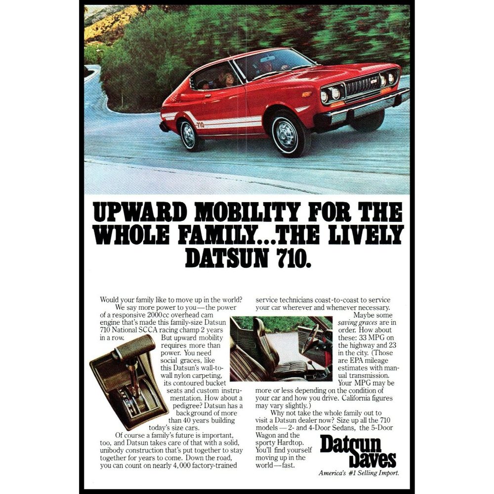 1976 Datsun 710 Red 2 Door Couple Vintage Print Ad Nissan Classic Car Wall Art
